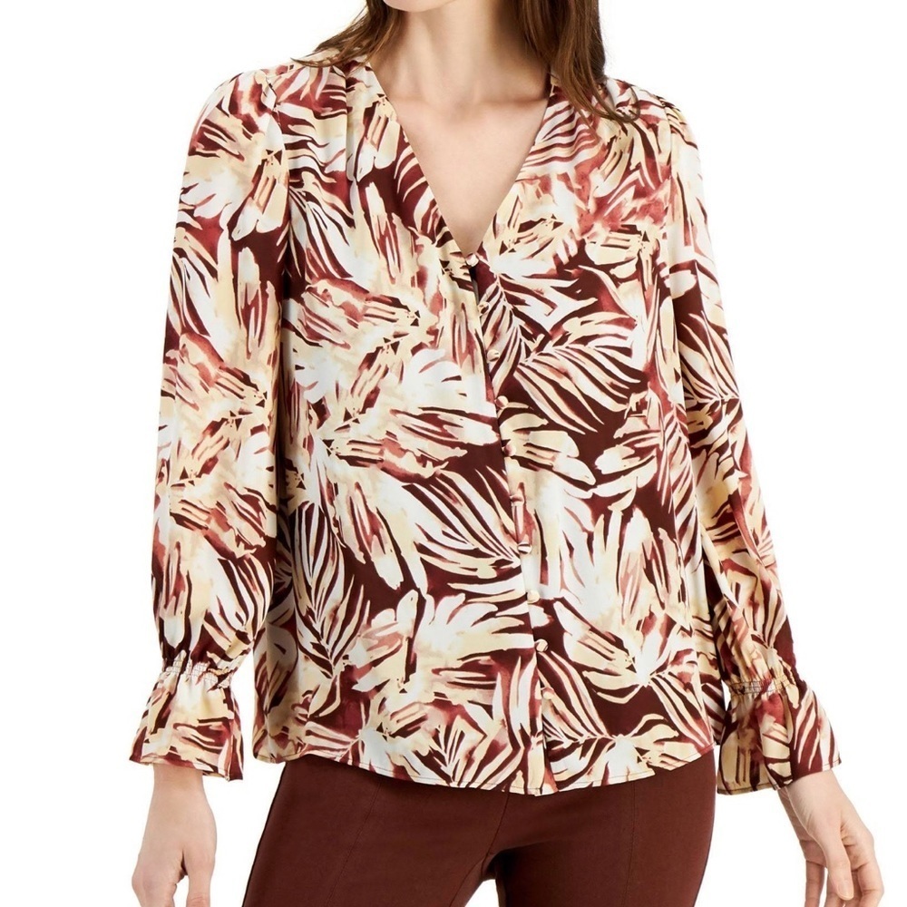 Alfani Printed Button-Front Blouse| Brown & Cream Tropical Print| Size MP | NWT